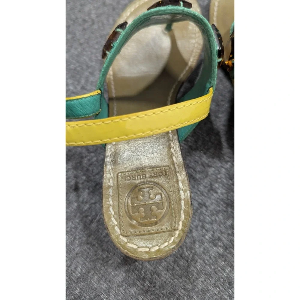 Tory Burch Sandals Womens 6M Green Yellow Boho Jewels Embellished Wearable Art